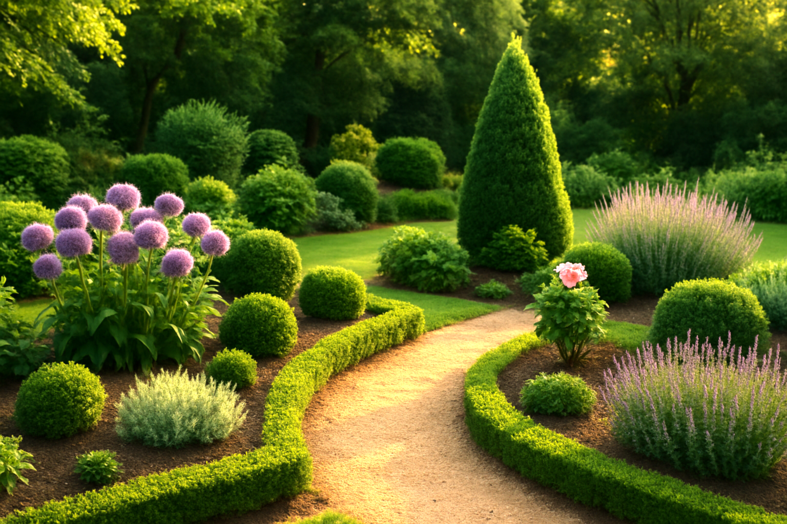 Jardín ornamental con sendero, setos recortados y flores