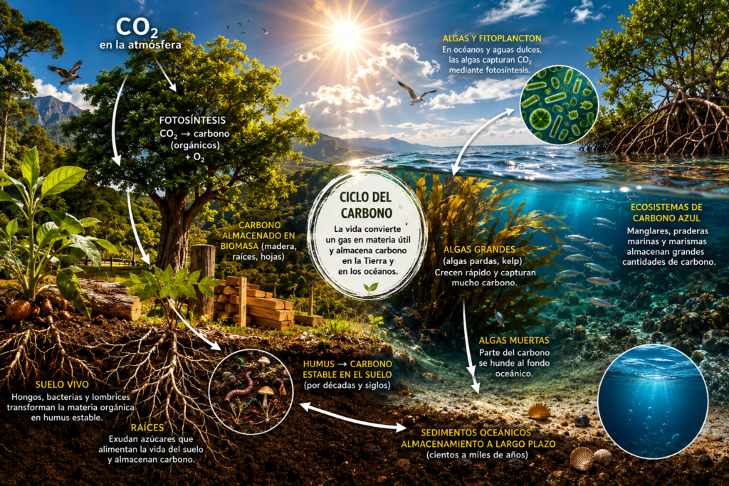 Esquema de la fotosíntesis en las plantas de tierra y agua
