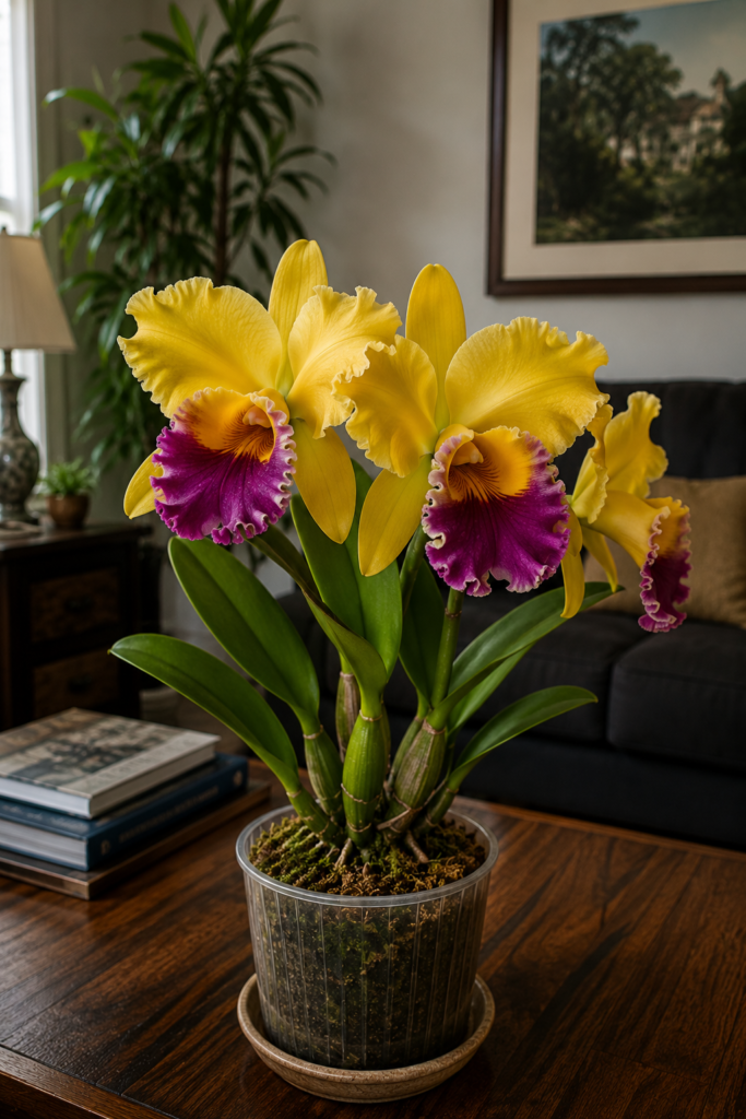 Orquídea Cattleya dowiana de color amarillo dorado con el labelo púrpura aterciopelado