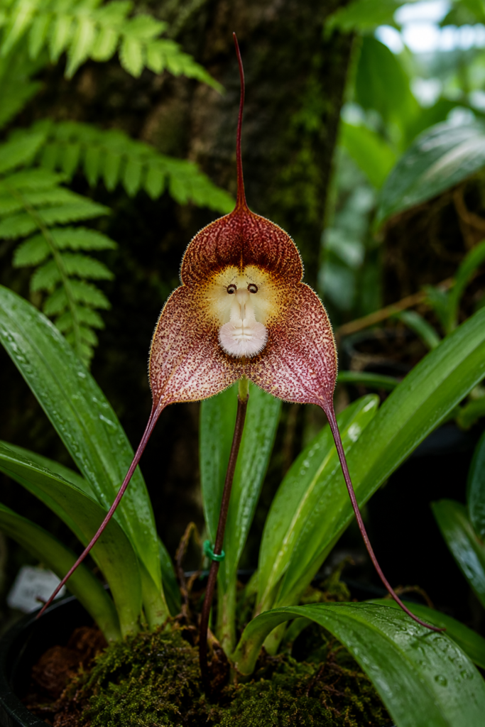 Flor de la orquídea Dracula simia, cuya forma recuerda el rostro de un pequeño mono