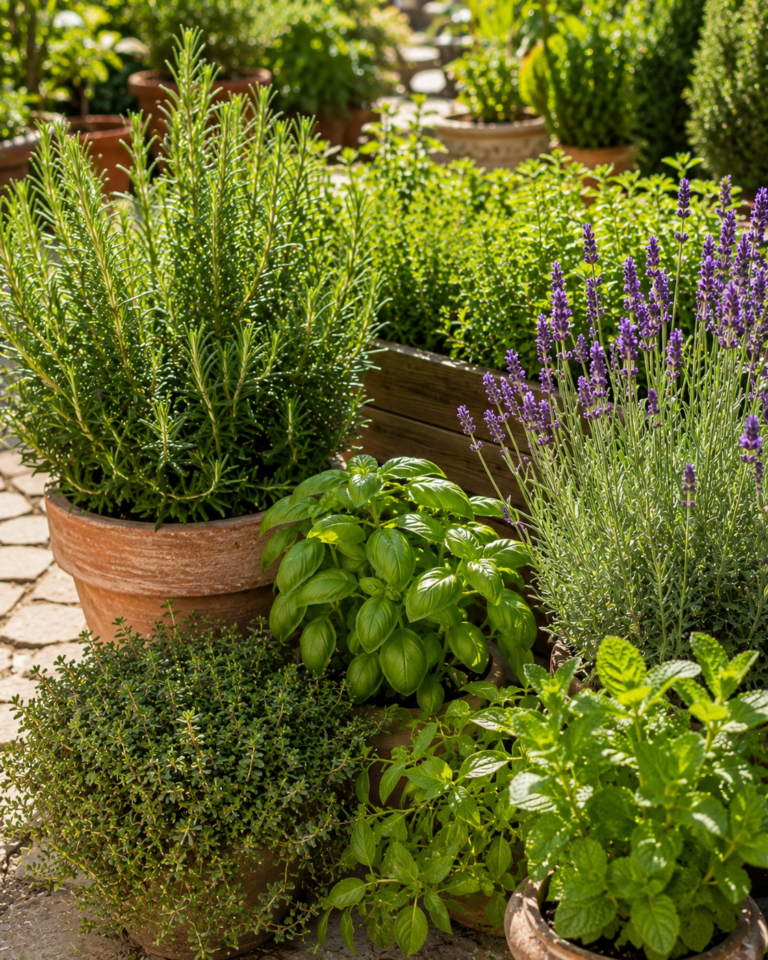 Plantas aromáticas como romero, lavanda y albahaca en el huerto