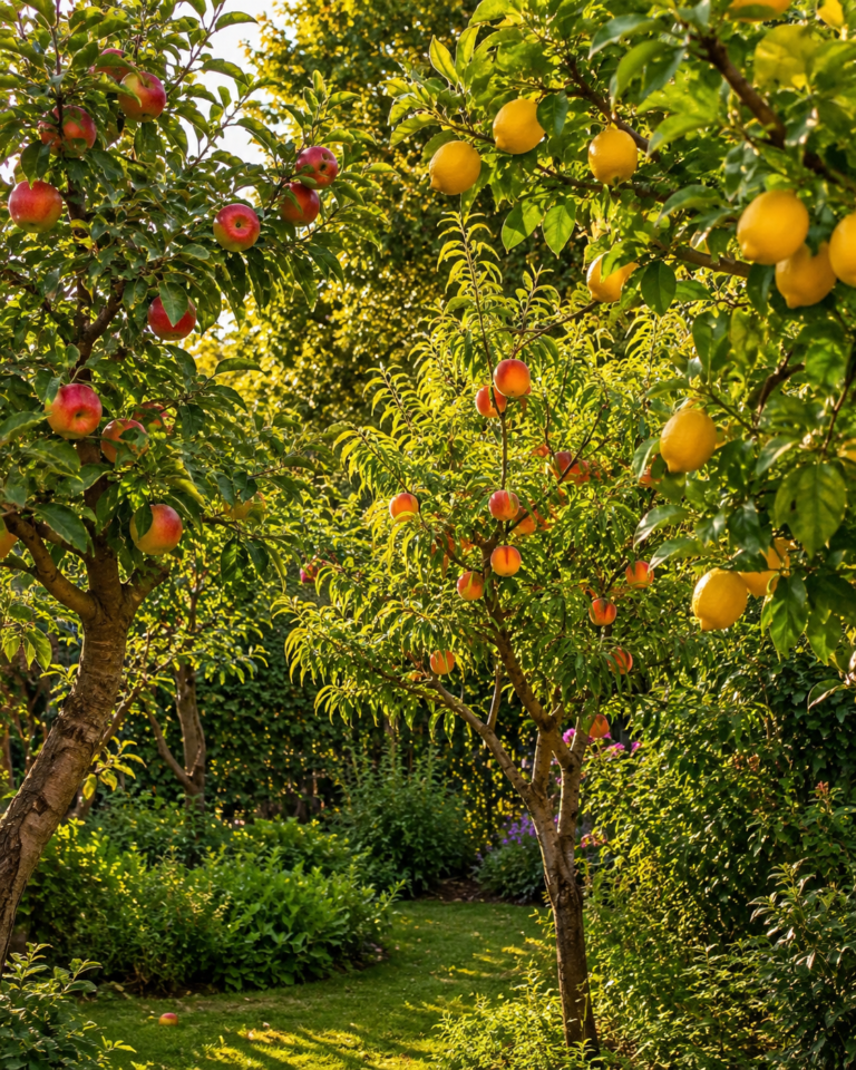Árboles frutales cargados de fruta madura en un jardín