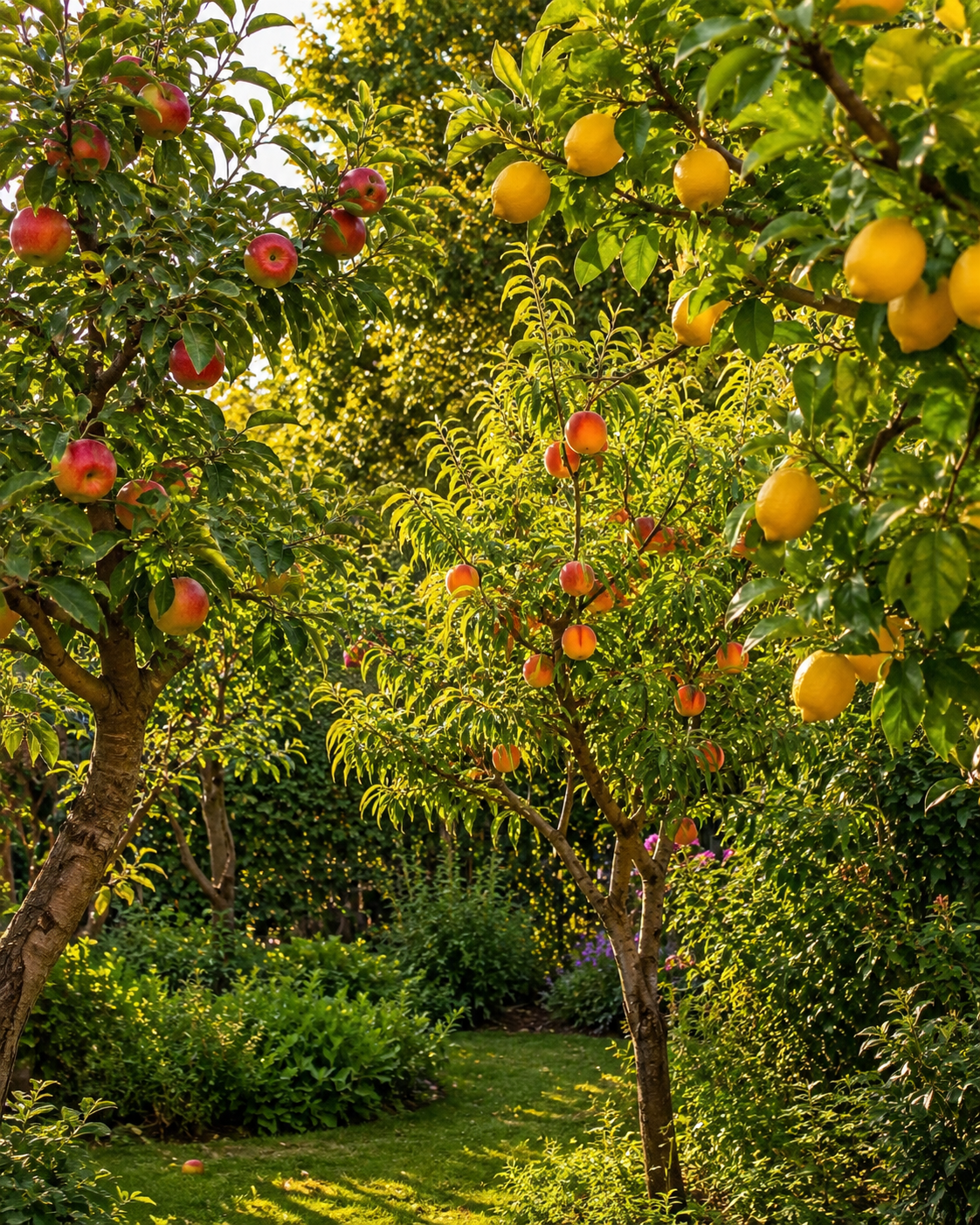 Árboles frutales cargados de fruta madura en un jardín