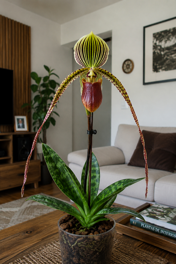Flor de la orquídea Paphiopedilum rothschildianum, con pétalos largos rayados en rojo y dorado