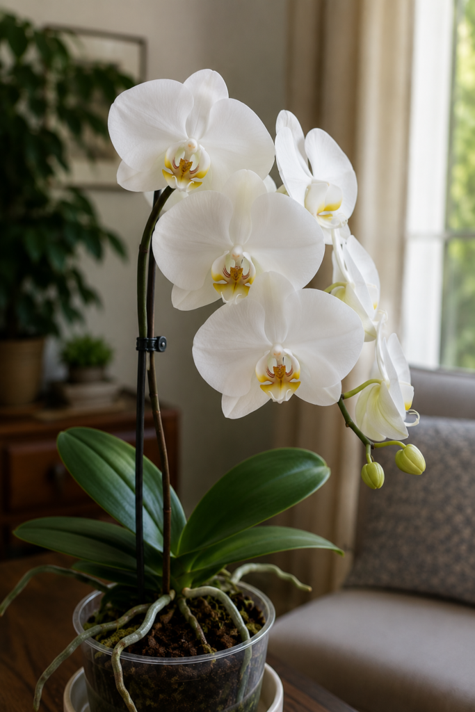 Orquídea Phalaenopsis amabilis de flores blancas y perfectamente simétricas