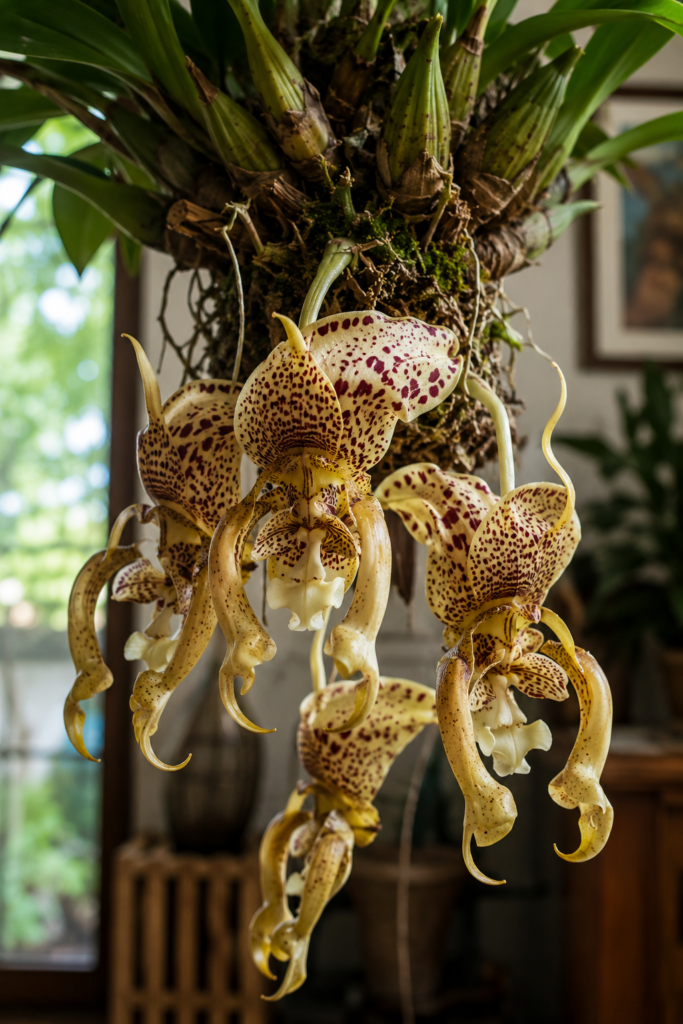 Flor grande y vistosa de la orquídea Stanhopea tigrina