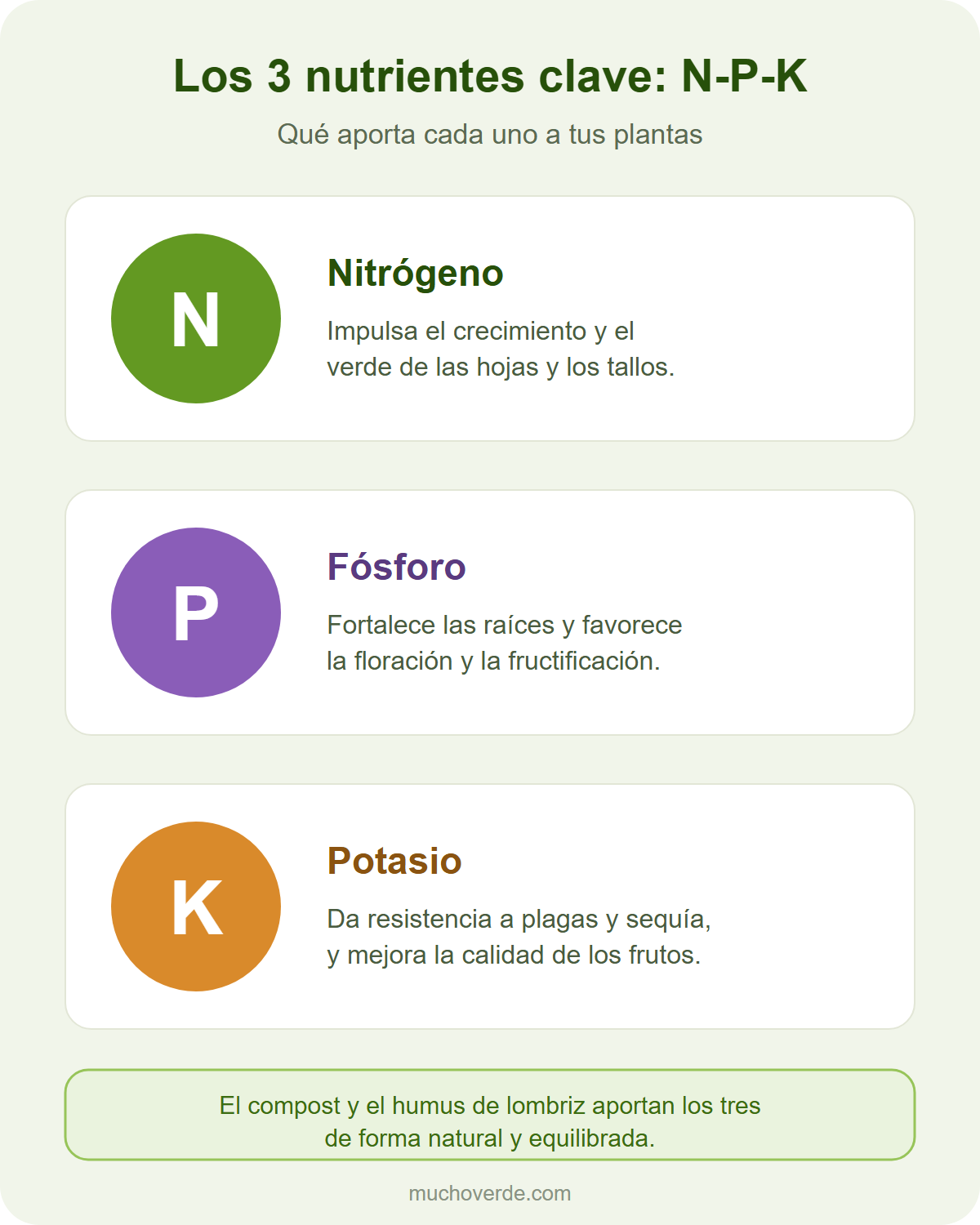 Diagrama de los nutrientes N-P-K: nitrógeno para las hojas, fósforo para raíces y flores, potasio para frutos y resistencia