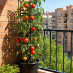 Tomatera en maceta cargada de tomates madurando en un balcón