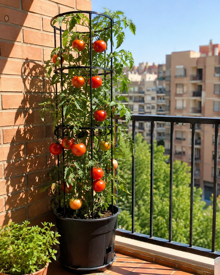 Tomatera en maceta cargada de tomates madurando en un balcón